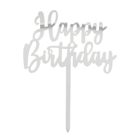 Cake Topper Happy Birthday argenté - Décoration gâteau fête