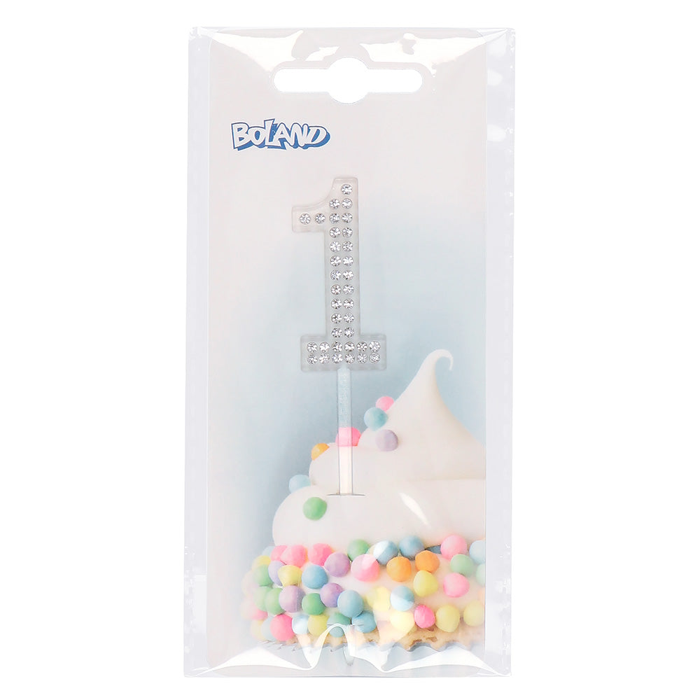 Bougie Chiffre 1 Strass Argent - Cake Topper Anniversaire