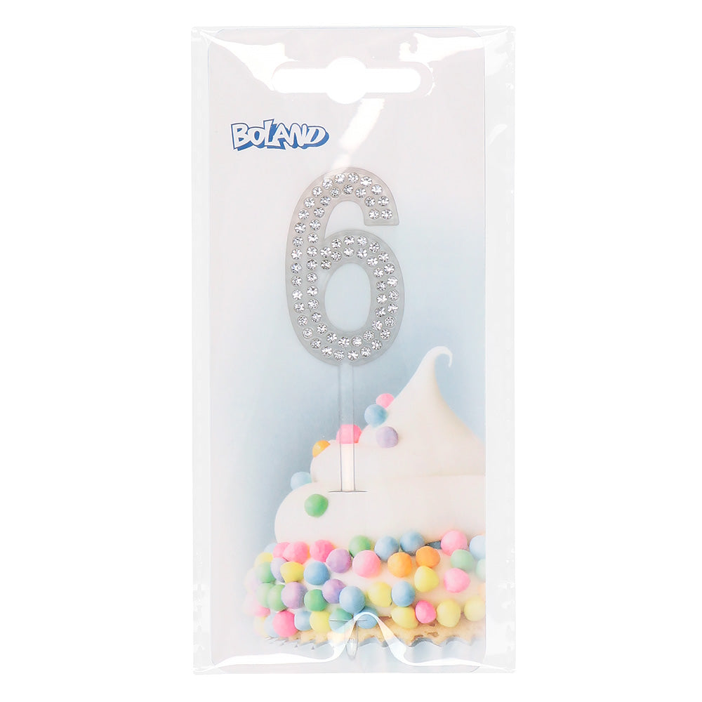 Bougie d'anniversaire chiffre 6 argentée avec strass - Décoration gâteau