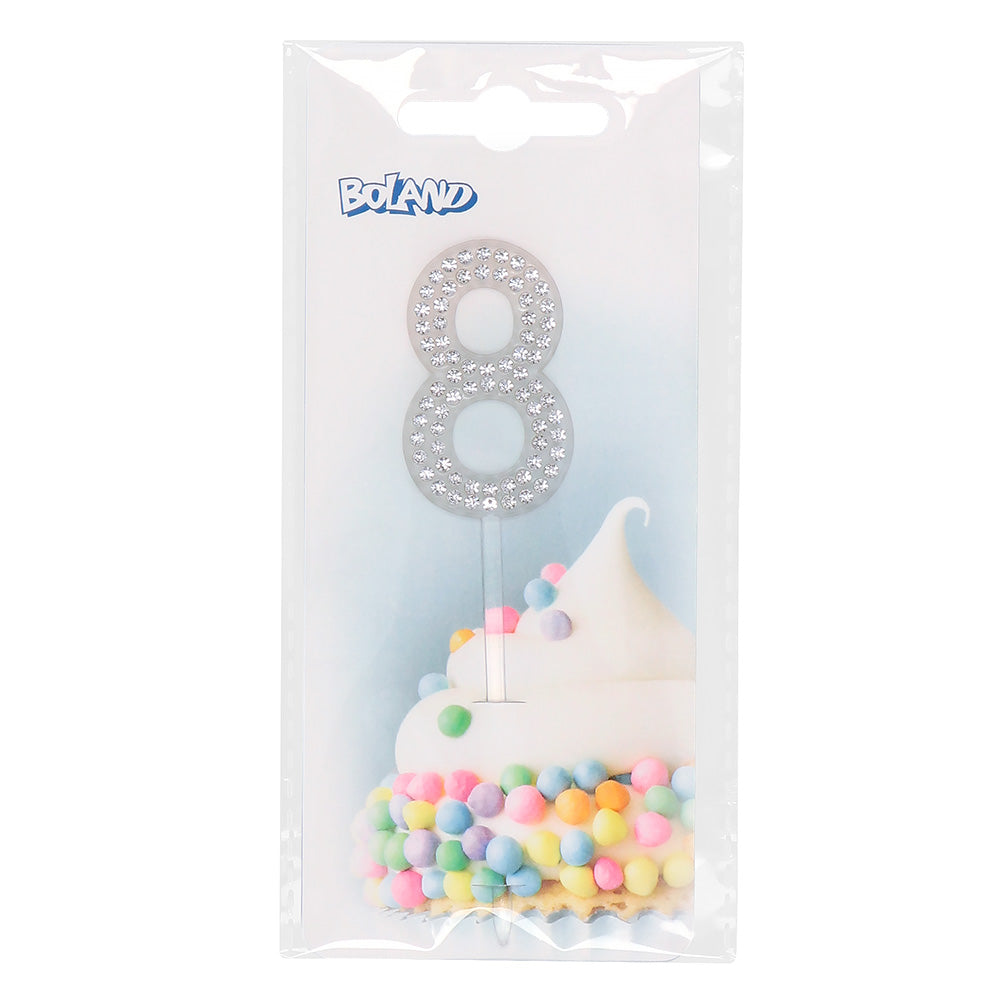 Bougie chiffre 8 pailletée argent - Décoration gâteau anniversaire