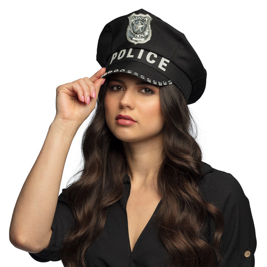 Casquette Police Noire avec Badge et Studs