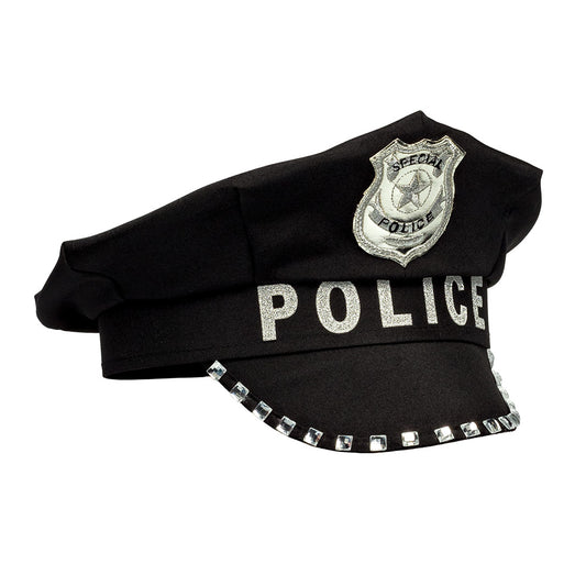 Casquette Police Noire avec Badge et Studs