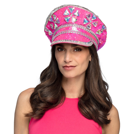 Casquette de Capitaine Luxe Sequins Rose Fluo Strass