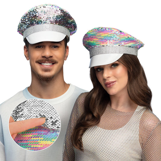 Casquette à Sequins Réversibles Arc-en-Ciel et Argent