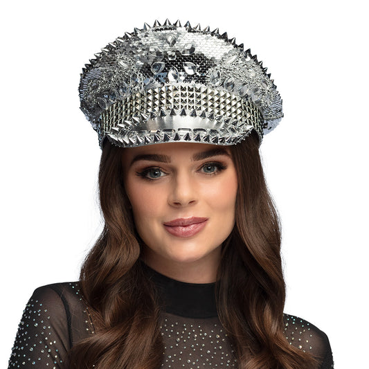 Casquette Paillettes Argent avec Pics et Strass Disco