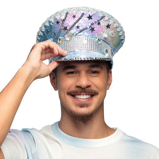 Chapeau Haut de Forme Sequins Étoiles Argent Party