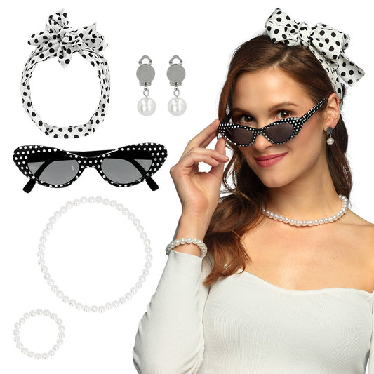 Set Accessoires Année 50 Pois Blanc Noir - Lunettes, Collier Perles