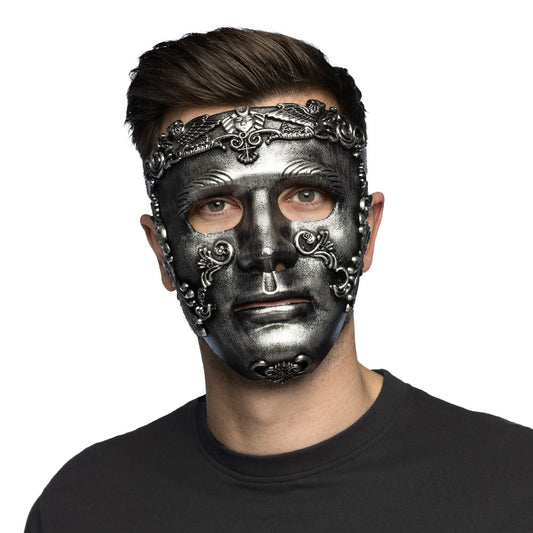 Masque Visage Argenté Baroque avec Ornements Détaillés