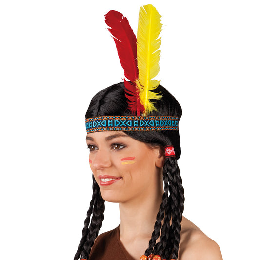 Bandeau Indien Plumes Rouge Jaune - Déguisement Amérindien Adulte