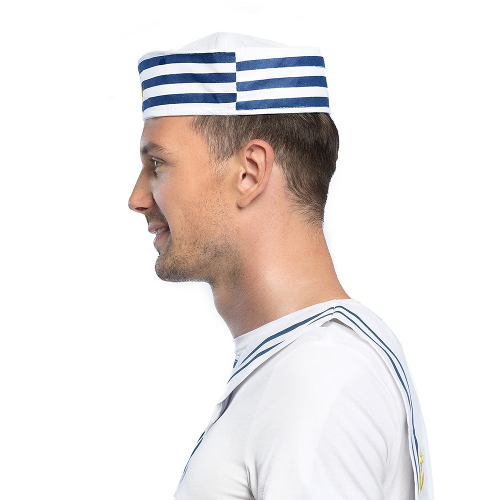 Chapeau Marin Rayé Bleu et Blanc avec Ancre Dorée