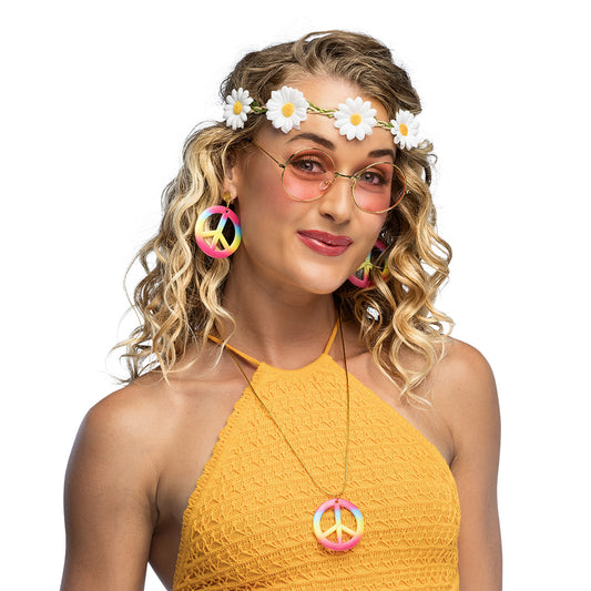 Accessoires Hippie Années 70 - Lunettes Roses, Couronne Fleurs et Colliers Peace