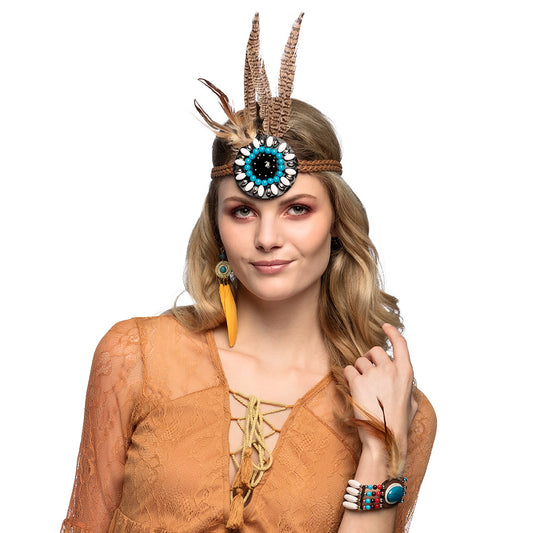 Set Complet Indienne Apache : Bandeau Plumes, Bracelet et Boucles d'Oreilles