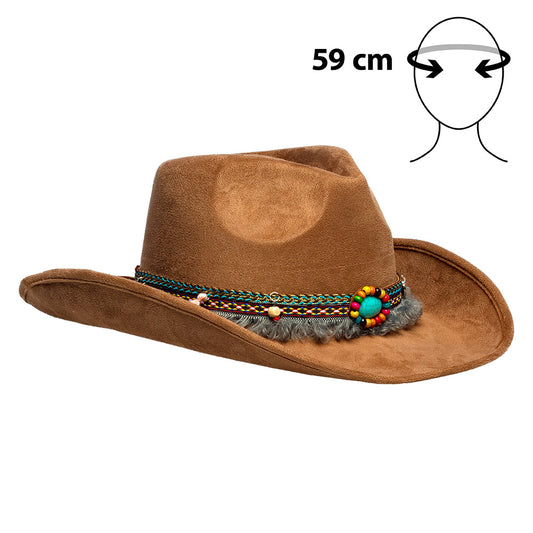 Chapeau Cowboy Marron avec Bandeau Perles et Franges Boho