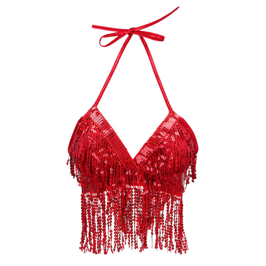 Top Pailleté Rouge Frangé Sexy - Déguisement Cabaret
