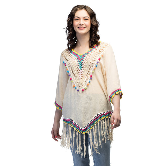 Poncho Bohème Chic avec Franges et Pompons Colorés