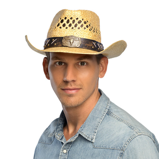 Chapeau Cowboy Paille Marron avec Bande Cuir - Accessoire Déguisement