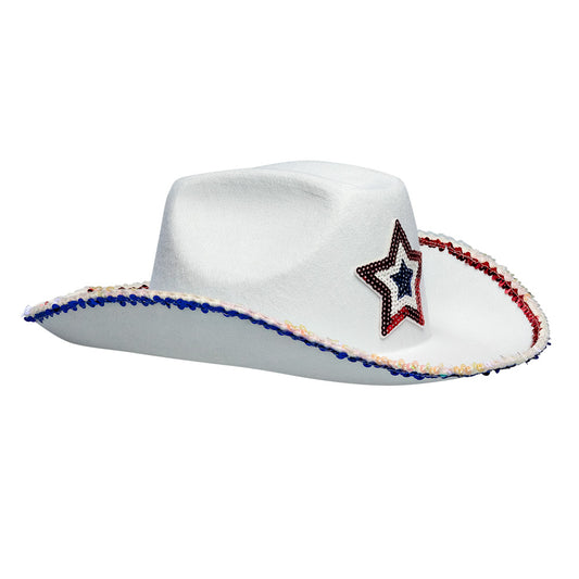 Chapeau Cowboy Blanc Étoile Paillettes - Costume Adulte