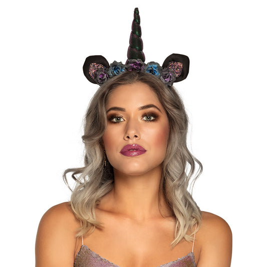 Serre-tête Licorne Noire avec Fleurs et Paillettes