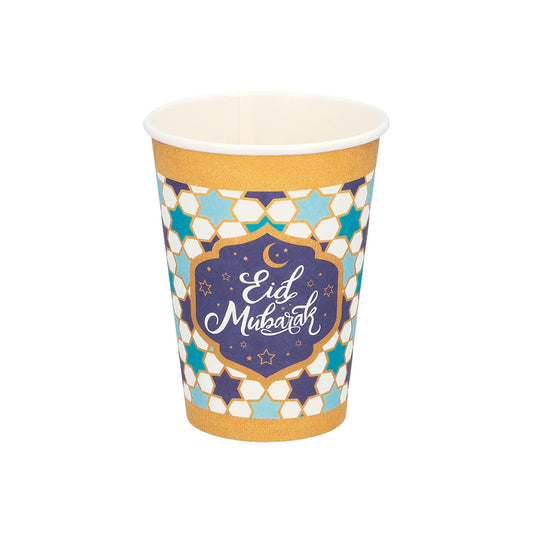 Gobelets Eid Mubarak Bleus & Or - 8 Verres Jetables Fête
