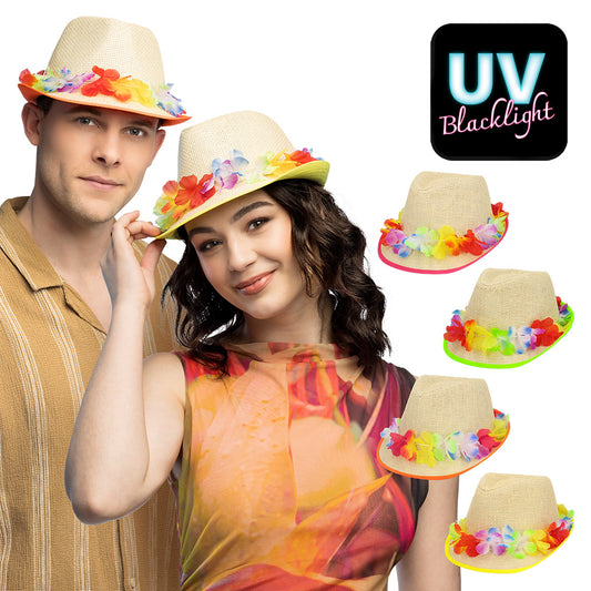 Chapeau Paille Fleurs Colorées LED - Accessoire Fête Néon