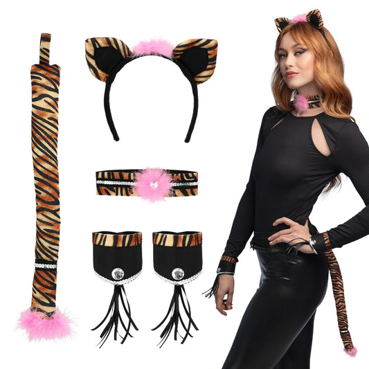 Kit Complet Félin Tigré Rose - Bandeau Oreilles, Ceinture, Queue, Bracelets
