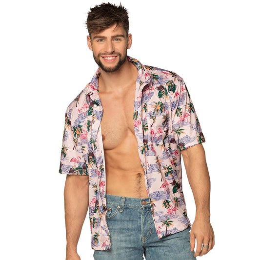 Chemise Hawaïenne Flamants Rose Palmiers - Costume Tropical Homme