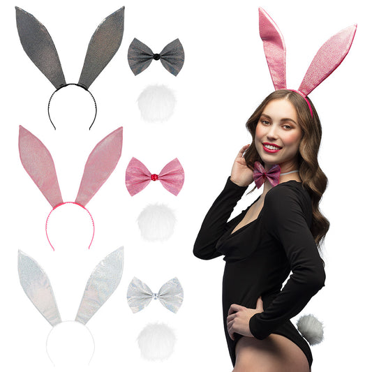 Kit Oreilles de Lapin Paillettes - Serre-tête + Nœud + Pompon