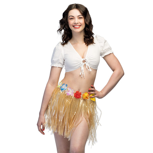 Jupe Hawaïenne Paille avec Fleurs - Déguisement Tropical