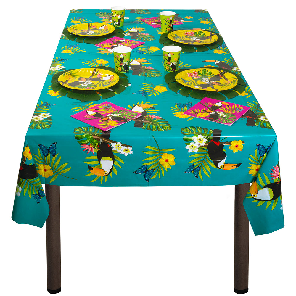 Nappe Tropicale Toucan - Décoration Table Fête Turquoise
