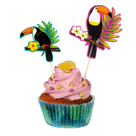 Décoration Gâteau Tropical - 4 Pics Toucans Colorés