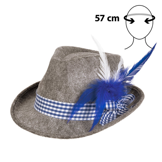 Chapeau Tyrolien Gris Deluxe - Bande Carreautée Bleue et Plumes