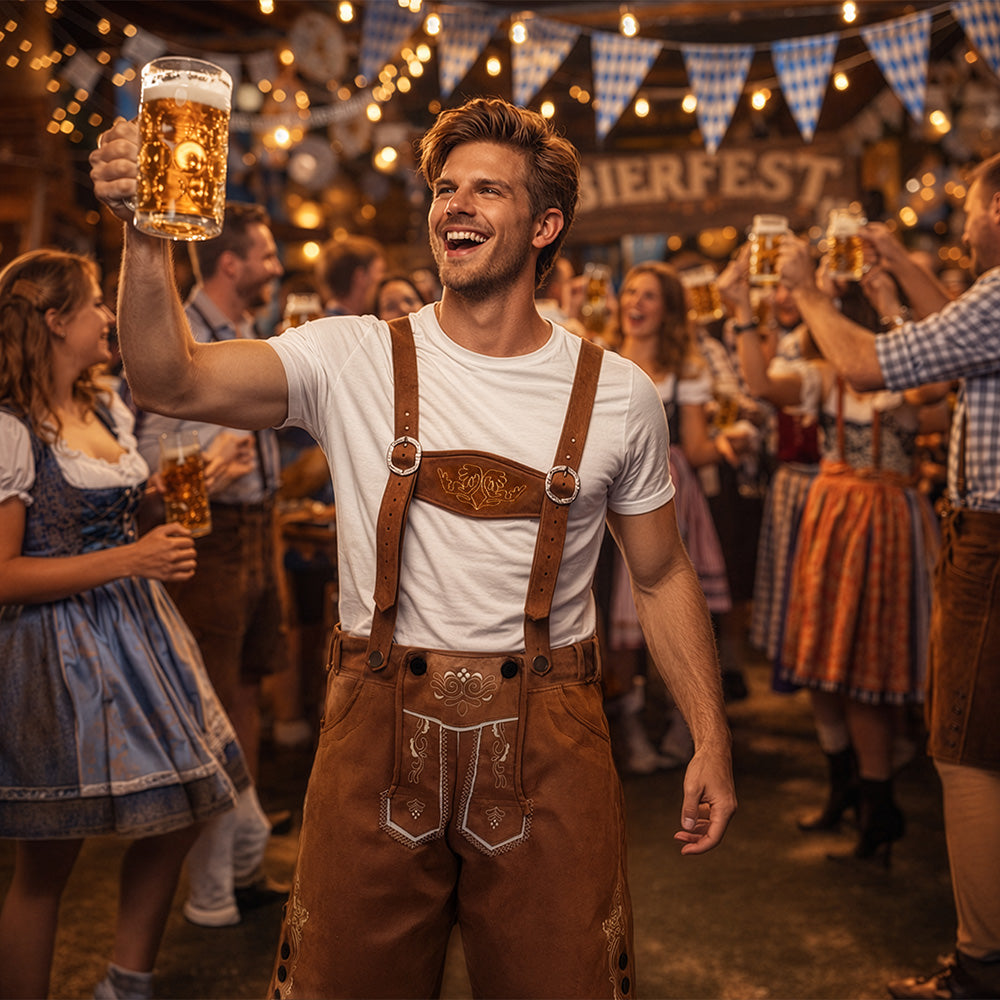 Costume Bavarois Lederhosen Homme - Bretelles Cuir Authentique