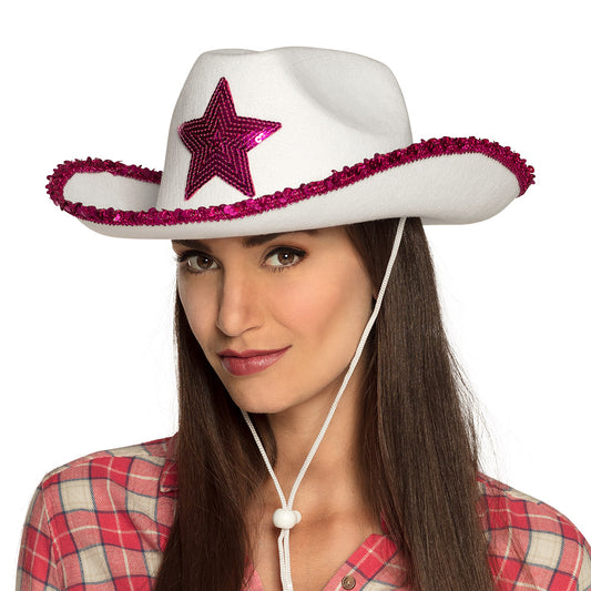 Chapeau Cowboy Blanc Paillettes Rose - Étoile Brillante