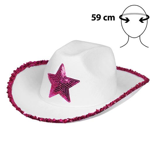 Chapeau Cowboy Blanc Paillettes Rose - Étoile Brillante