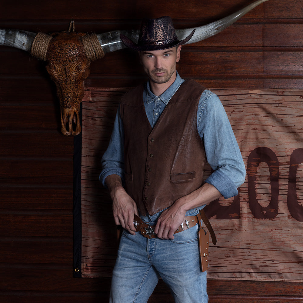 Ceinture Cowboy Cuir Marron avec Holster et Munitions