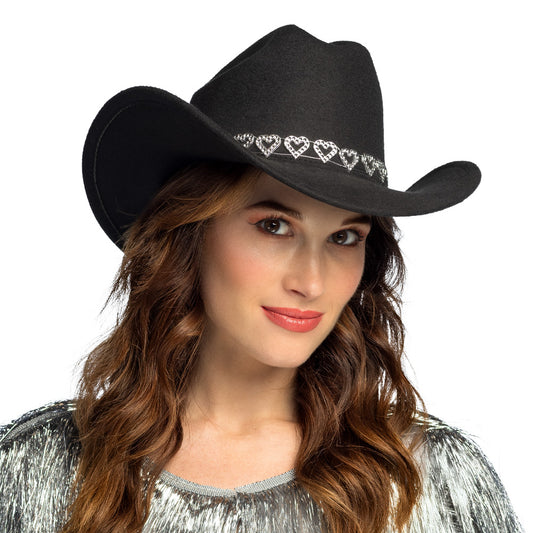 Chapeau Cowboy Noir avec Ceinture Cœurs Argentés