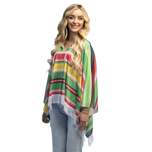Poncho Rayé Mexicain Multicolore avec Franges - Accessoire Fiesta