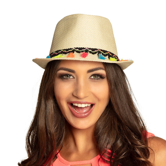 Chapeau Panama Tressé Coloré avec Pompons - Style Fiesta
