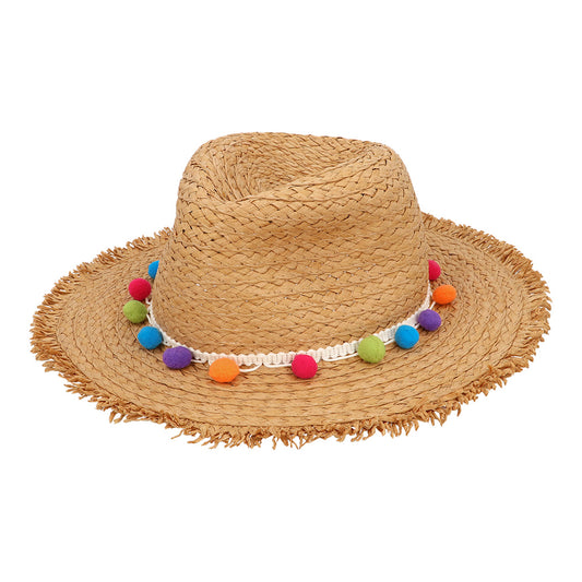 Chapeau de Paille Coloré avec Pompons - Accessoire Fête Déguisement