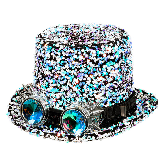 Chapeau Haut de Forme Paillettes Multicolores avec Lunettes Steampunk