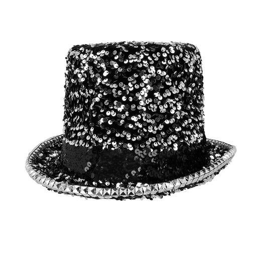 Chapeau Haut de Forme Paillettes Noir et Argent - Costume Disco