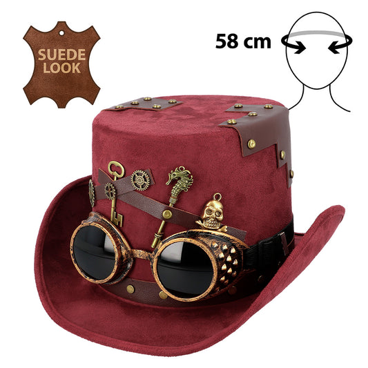 Chapeau Steampunk Cowboy Bordeaux avec Lunettes Goggles
