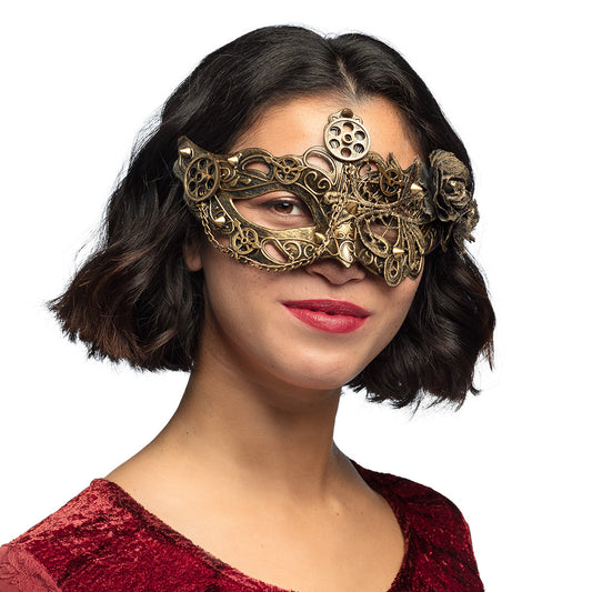 Masque Steampunk Doré avec Engrenages et Rose