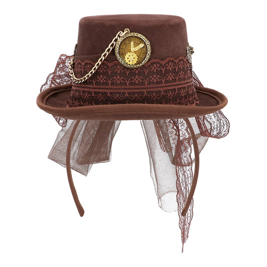 Chapeau Haut de Forme Steampunk Marron avec Voile Dentelle