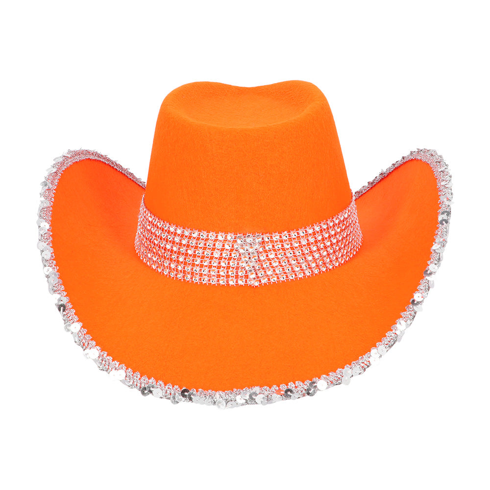Chapeau Cowboy Orange Paillettes UV Blacklight Adulte