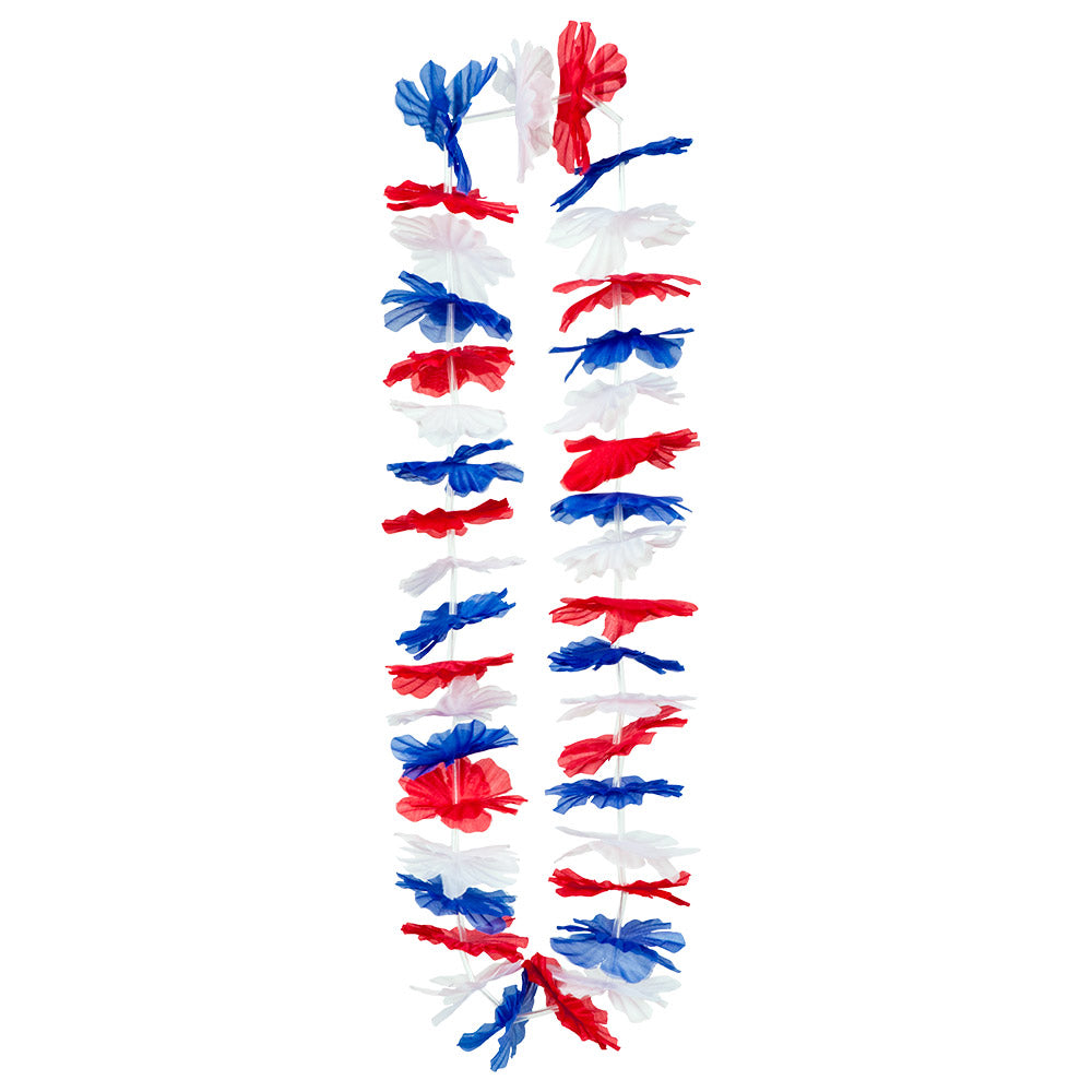 Collier Hawaïen Fleurs Tricolore Bleu Rouge Blanc