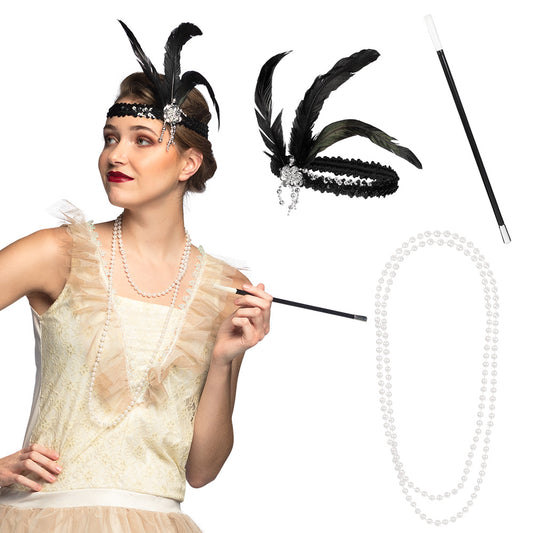 Accessoires Années 20 - Serre-tête, collier et baguette magique
