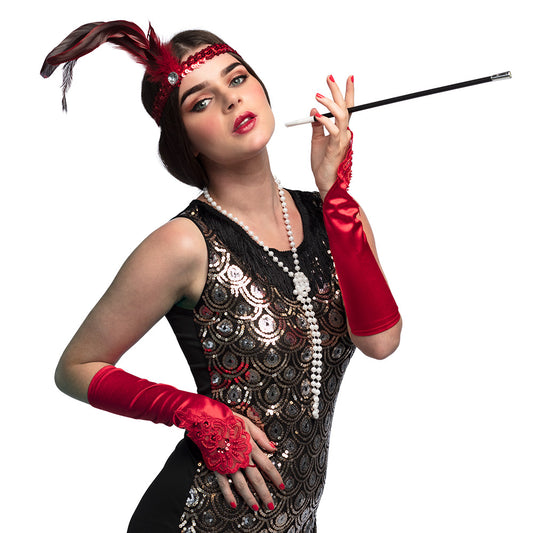 Kit Années 20 Glamour Luxe : Serre-tête, Gants & Collier Perles