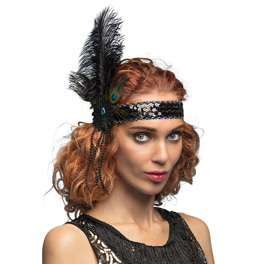 Serre-tête années 20 avec plume noire et paillettes