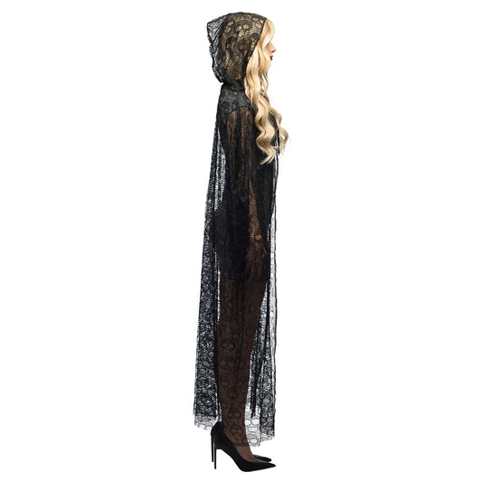 Cape Gothique Noire Dentelle avec Capuche - Déguisement Femme